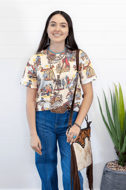Vintage Western Print T-Shirt - Cowhide and Conchos
