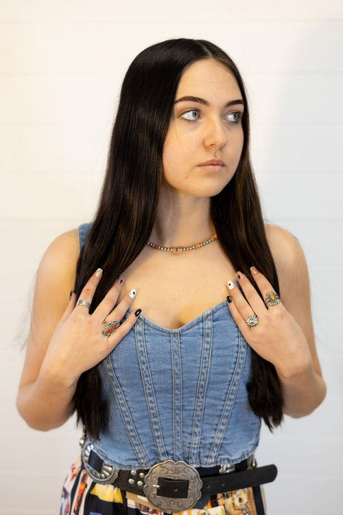 Washed Denim Bustier Top - Cowhide and Conchos