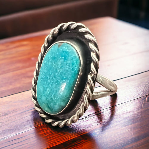 Waterweb Blue Turquoise Cabochon in Sterling - Size 10.5 - Cowhide and Conchos