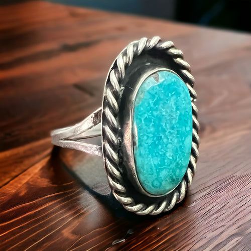 Waterweb Blue Turquoise Cabochon in Sterling - Size 10.5 - Cowhide and Conchos