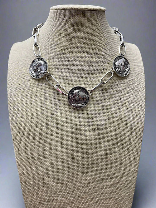 Western 3 Buffalo Coin Choker & Earring Set - 14 inch + 3 - Cowhide and Conchos