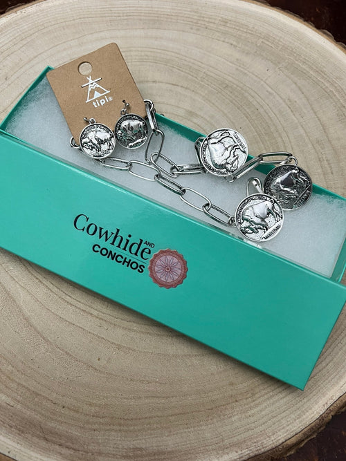 Western 3 Buffalo Coin Choker & Earring Set - 14 inch + 3 - Cowhide and Conchos