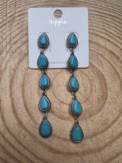 Western 5 Teardrop Shape Faux Turquoise Dangle Earrings - 3 1/2 inch drop - Cowhide and Conchos