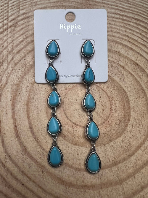 Western 5 Teardrop Shape Faux Turquoise Dangle Earrings - 3 1/2 inch drop - Cowhide and Conchos