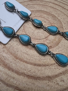 Western 5 Teardrop Shape Faux Turquoise Dangle Earrings - 3 1/2 inch drop - Cowhide and Conchos