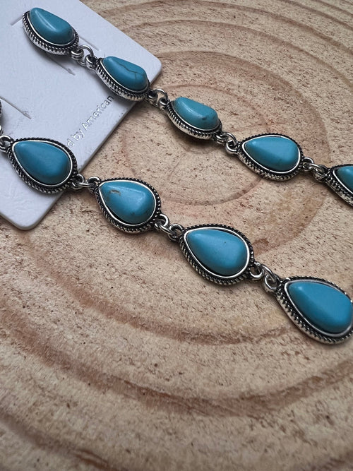 Western 5 Teardrop Shape Faux Turquoise Dangle Earrings - 3 1/2 inch drop - Cowhide and Conchos