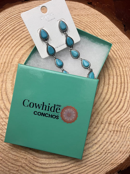 Western 5 Teardrop Shape Faux Turquoise Dangle Earrings - 3 1/2 inch drop - Cowhide and Conchos