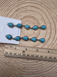 Western 5 Teardrop Shape Faux Turquoise Dangle Earrings - 3 1/2 inch drop - Cowhide and Conchos
