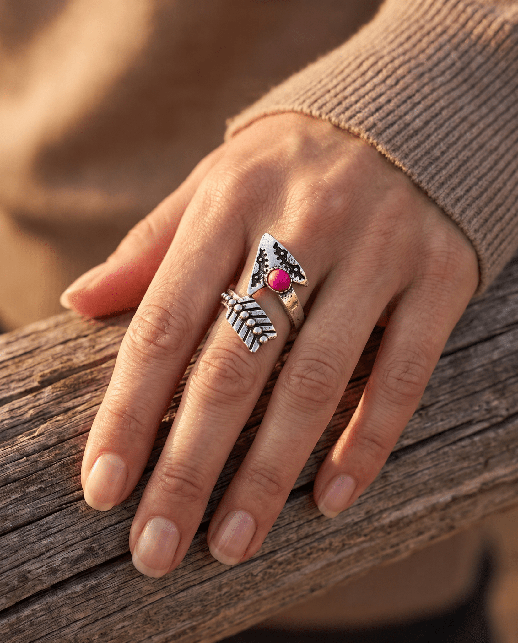 Western Arrow Head Cuff Ring with Faux Pink Stone — Adjustable Hand Statement - Cowhide and Conchos