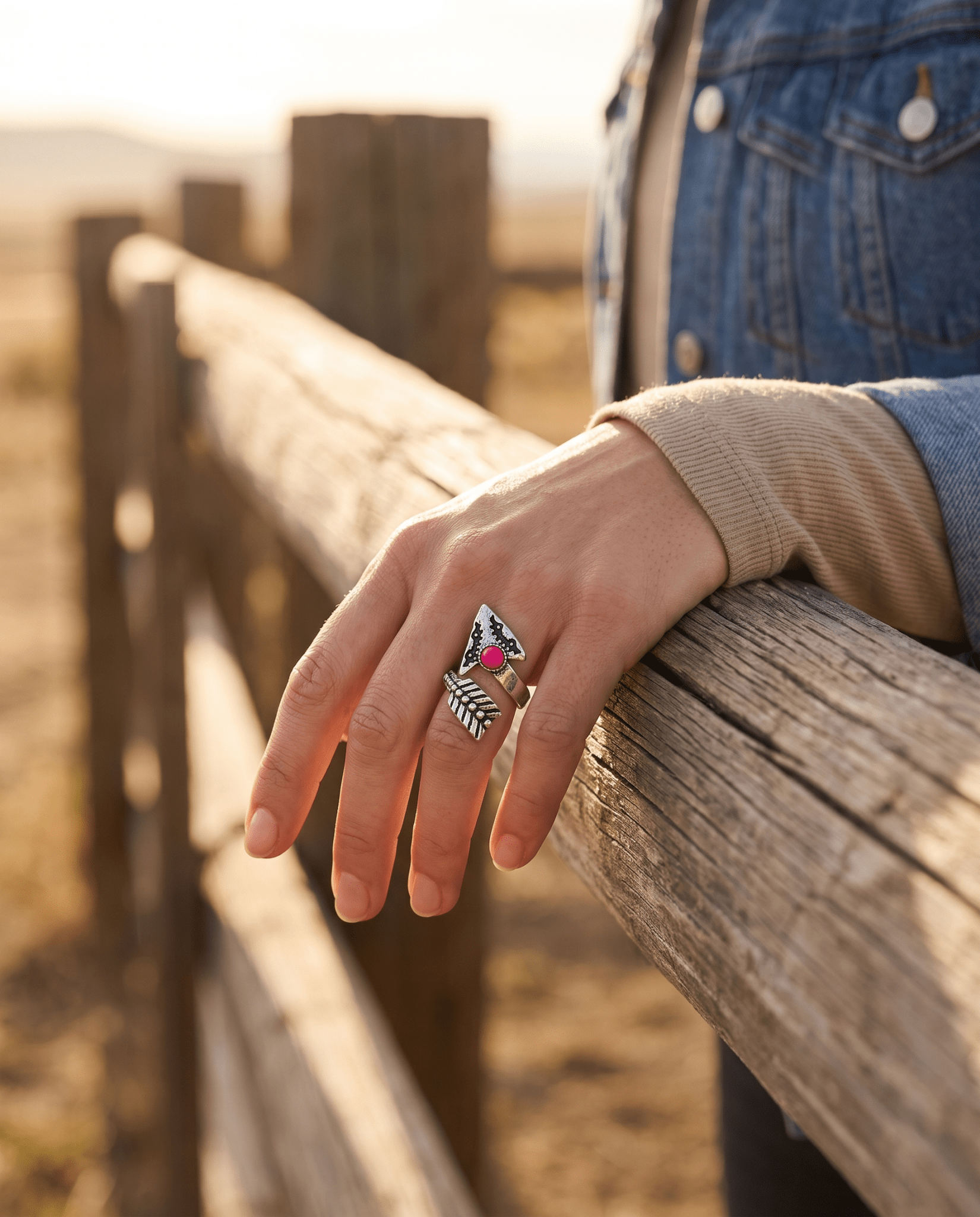 Western Arrow Head Cuff Ring with Faux Pink Stone — Adjustable Hand Statement - Cowhide and Conchos