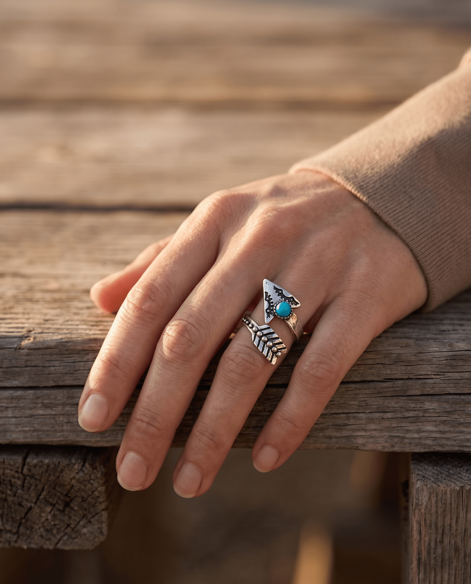 Western Arrow Head Cuff Ring with Faux Turquoise Stone — Adjustable Hand Statement - Cowhide and Conchos