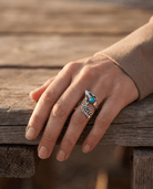 Western Arrow Head Cuff Ring with Faux Turquoise Stone — Adjustable Hand Statement - Cowhide and Conchos