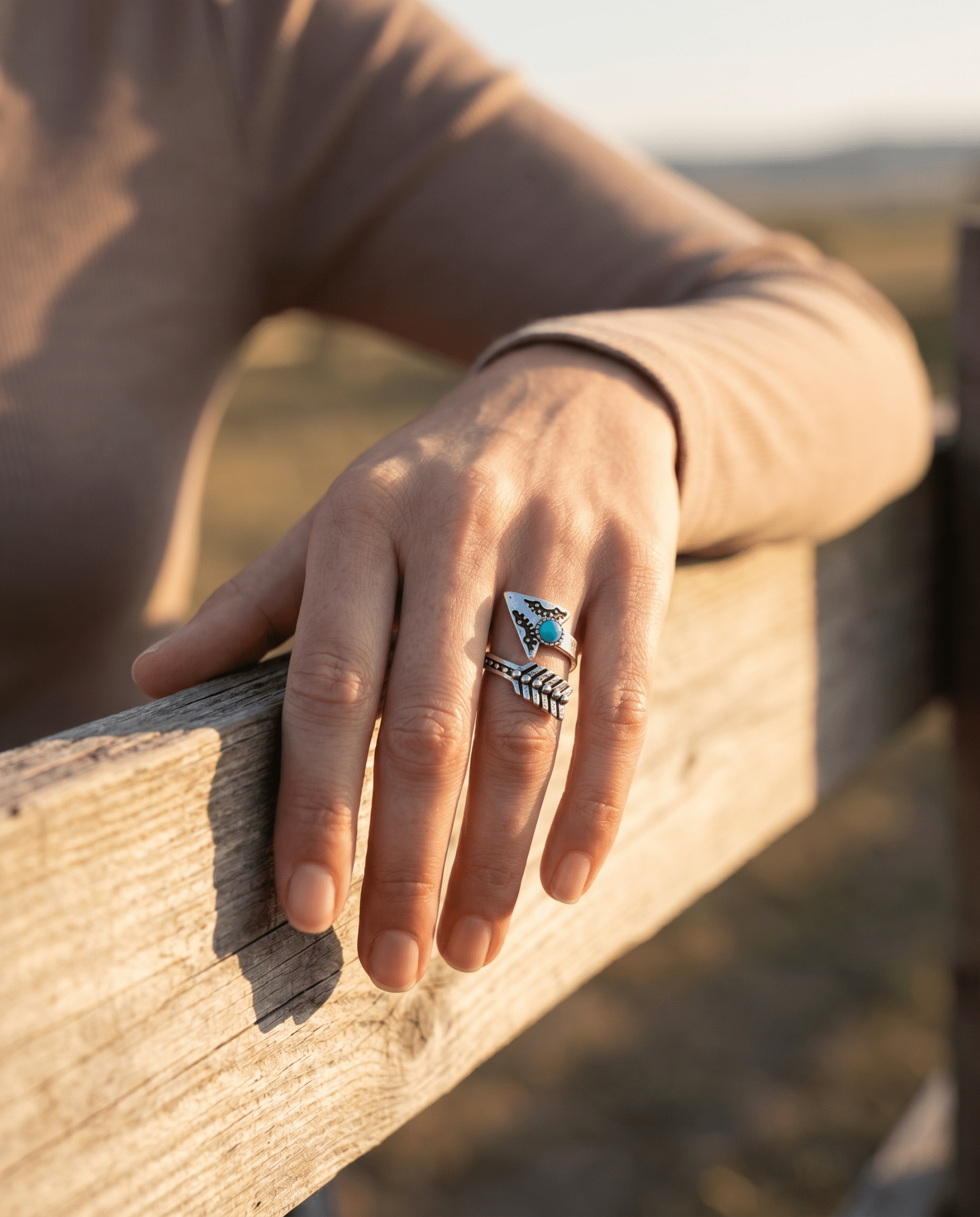 Western Arrow Head Cuff Ring with Faux Turquoise Stone — Adjustable Hand Statement - Cowhide and Conchos
