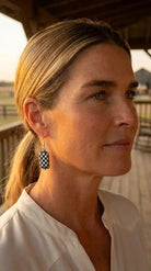 Western Black & White Checkered Rectangle Earrings — 1½" Drop - Cowhide and Conchos