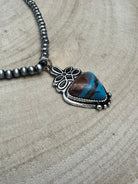 Western Boot Stitch and Faux Turquoise Pendant and 4mm fashion Pearls Necklace - 18 Inch - Cowhide and Conchos