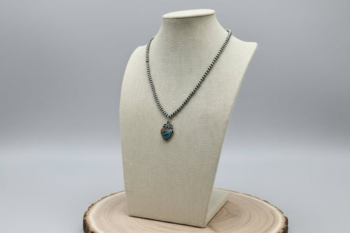 Western Boot Stitch and Faux Turquoise Pendant and 4mm fashion Pearls Necklace - 18 Inch - Cowhide and Conchos