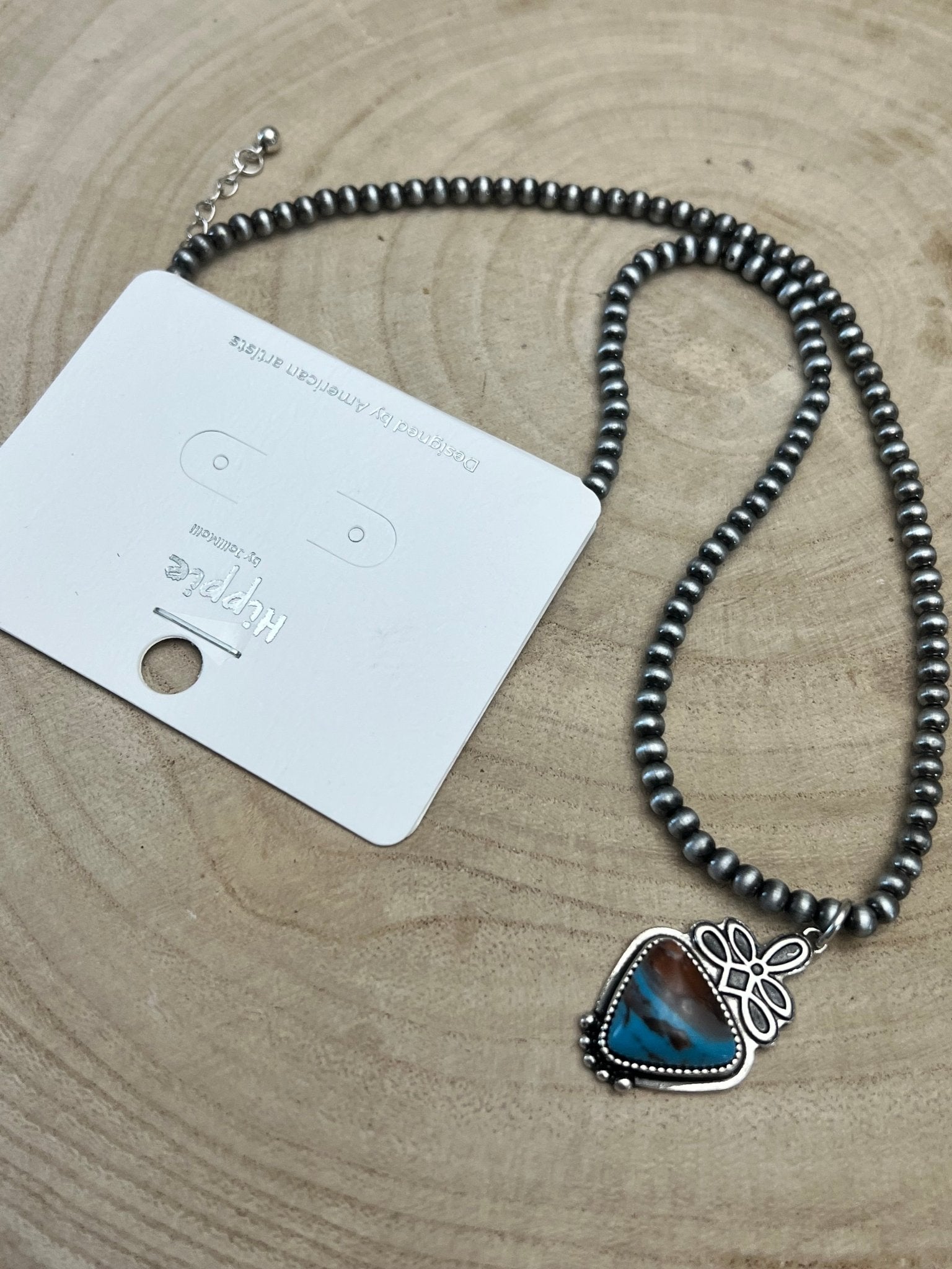 Western Boot Stitch and Faux Turquoise Pendant and 4mm fashion Pearls Necklace - 18 Inch - Cowhide and Conchos