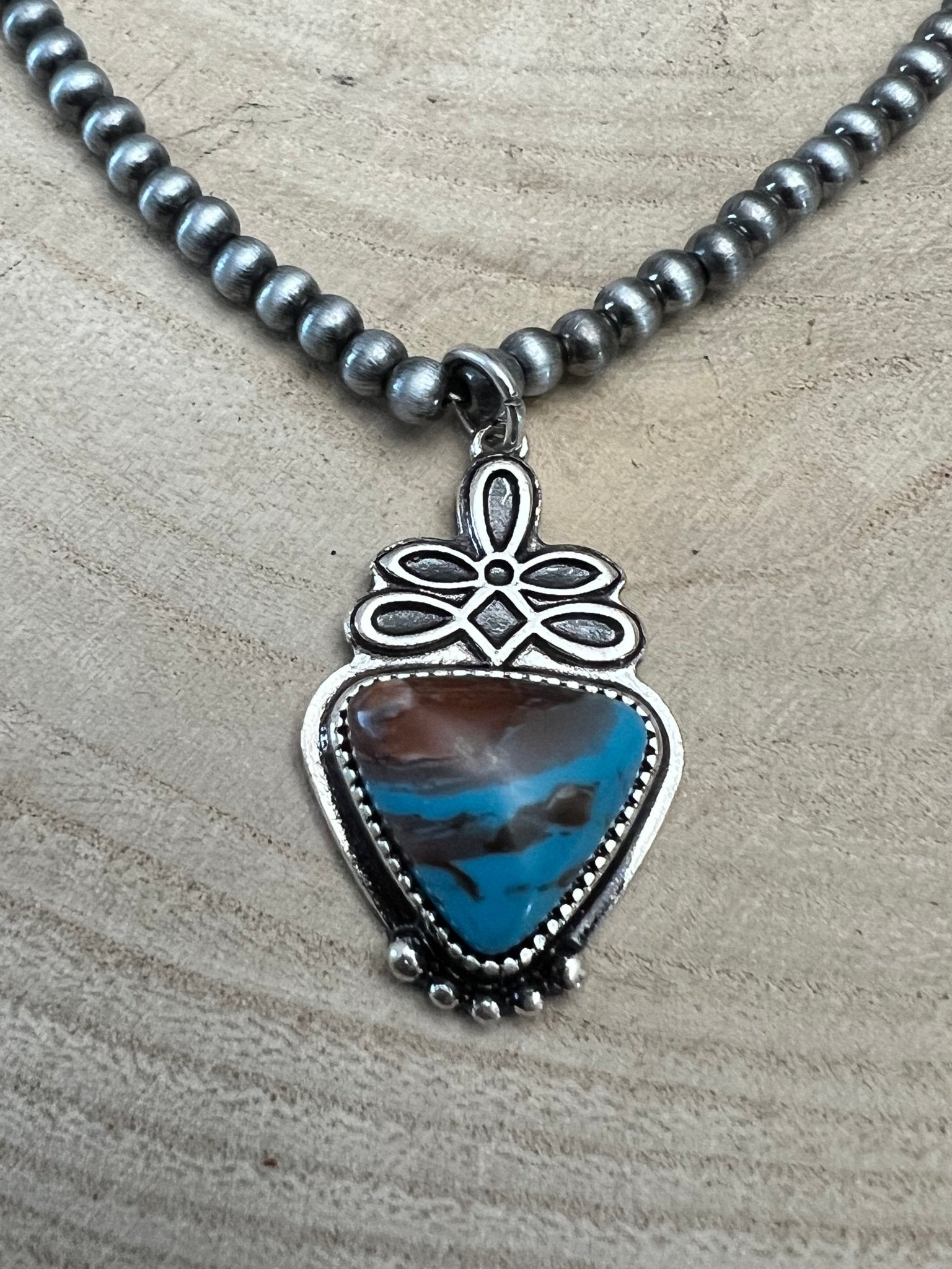 Western Boot Stitch and Faux Turquoise Pendant and 4mm fashion Pearls Necklace - 18 Inch - Cowhide and Conchos