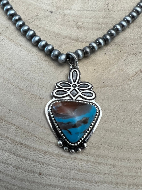 Western Boot Stitch and Faux Turquoise Pendant and 4mm fashion Pearls Necklace - 18 Inch - Cowhide and Conchos