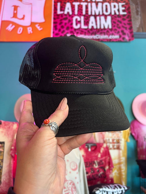 Western Boot Stitch Trucker Cap - Hot pink stitching - Cowhide and Conchos