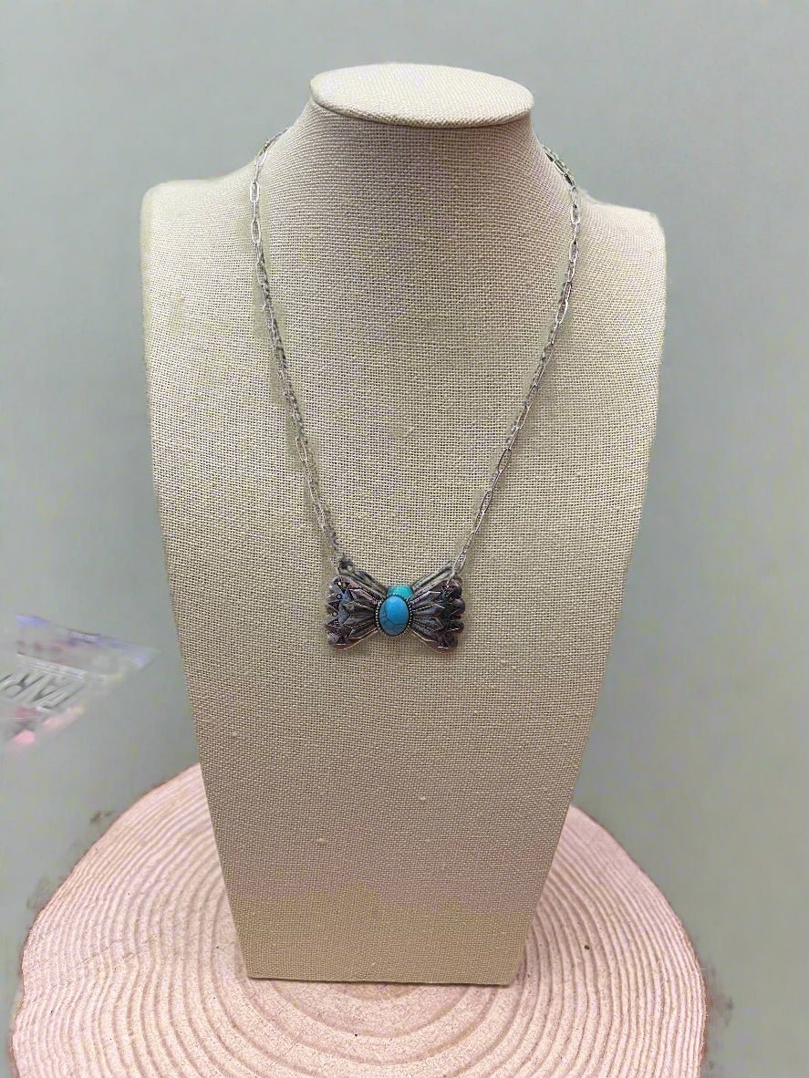 Western Bowtie and Faux Turquoise Necklace - 18 inch + 3 - Cowhide and Conchos