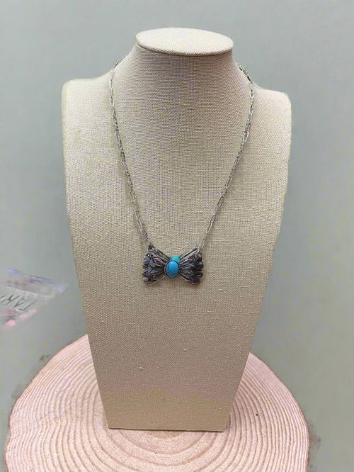 Western Bowtie and Faux Turquoise Necklace - 18 inch + 3 - Cowhide and Conchos
