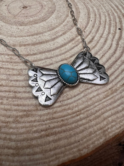 Western Bowtie and Faux Turquoise Necklace - 18 inch + 3 - Cowhide and Conchos