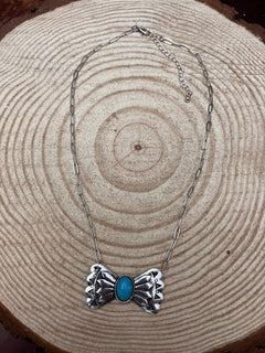 Western Bowtie and Faux Turquoise Necklace - 18 inch + 3 - Cowhide and Conchos