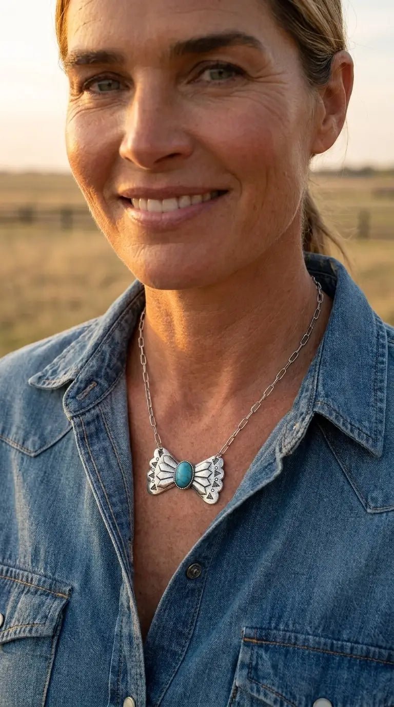 Western Bowtie & Faux Turquoise Necklace — 18 Inch with Extender - Cowhide and Conchos
