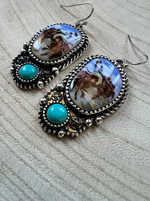 Western Bronc Print Oval and Faux Turquoise Earrings - Cowhide and Conchos