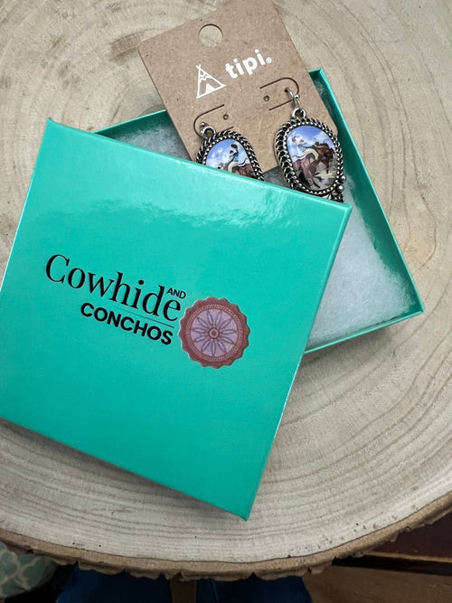 Western Bronc Print Oval and Faux Turquoise Earrings - Cowhide and Conchos