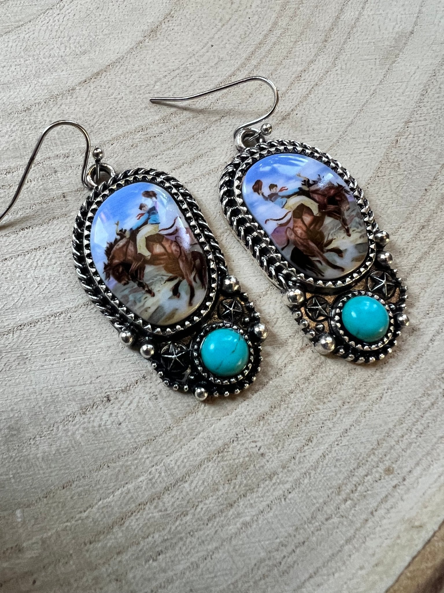 Western Bronc Print Oval and Faux Turquoise Earrings - Cowhide and Conchos