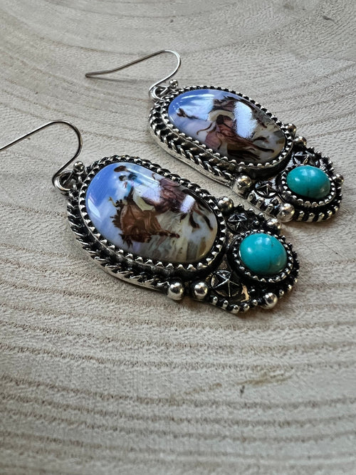 Western Bronc Print Oval and Faux Turquoise Earrings - Cowhide and Conchos