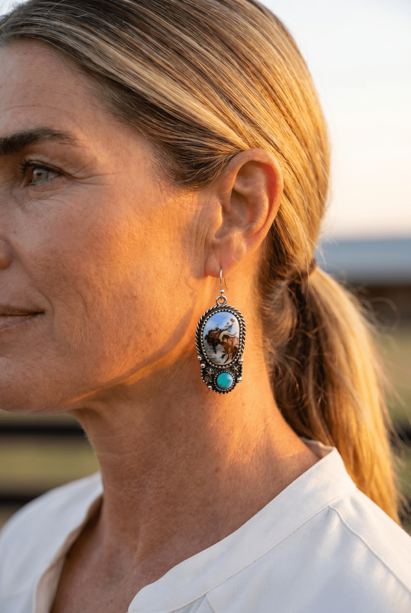 Western Bronc Print Oval & Faux Turquoise Earrings — Matching Rodeo Set - Cowhide and Conchos