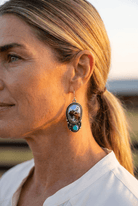 Western Bronc Print Oval & Faux Turquoise Earrings — Matching Rodeo Set - Cowhide and Conchos
