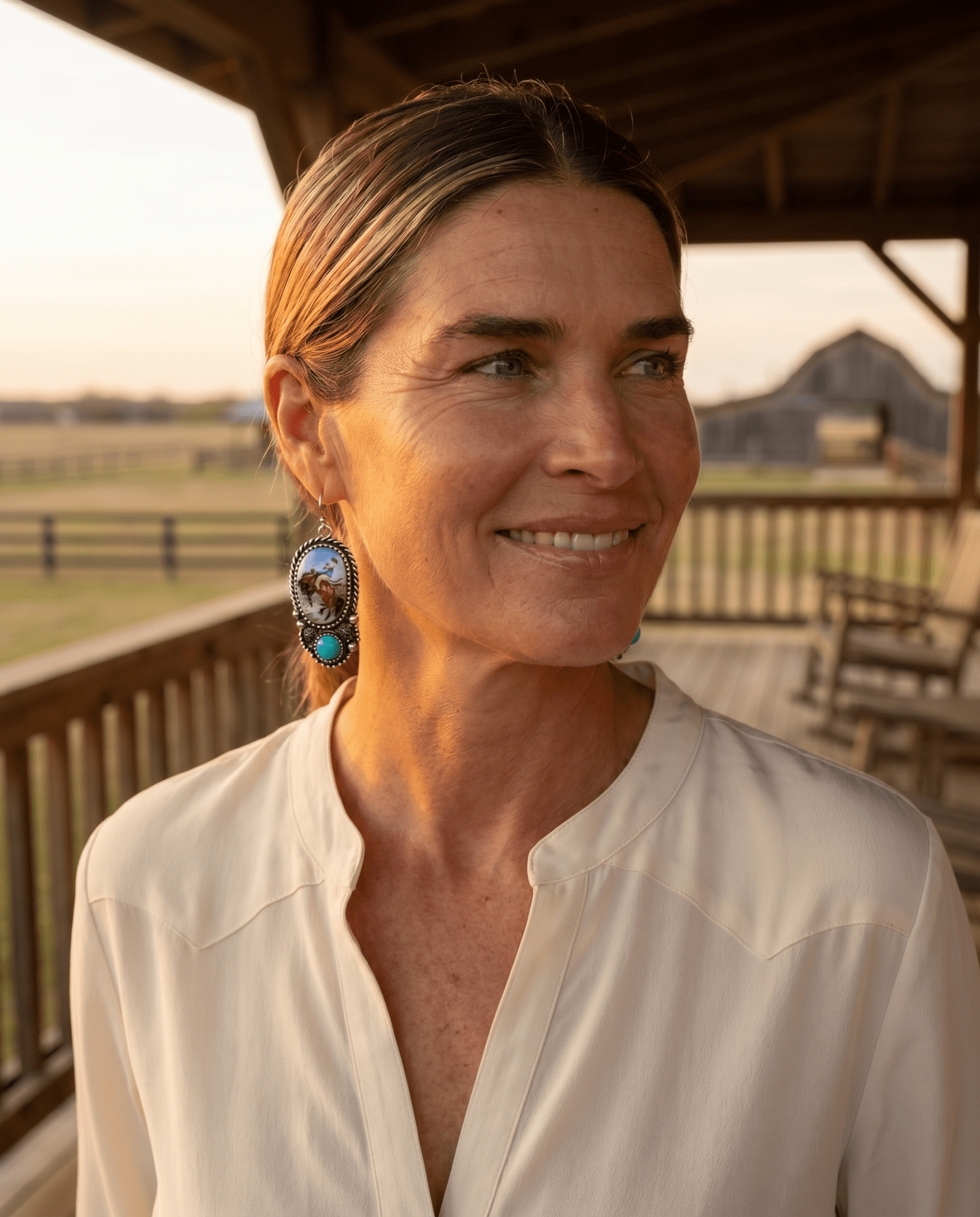 Western Bronc Print Oval & Faux Turquoise Earrings — Matching Rodeo Set - Cowhide and Conchos