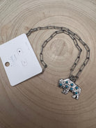 Western Buffalo and Faux Turquoise Necklace - 18 inch + 3 - Cowhide and Conchos