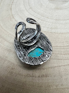 Western Buffalo and Faux Turquoise Nugget Adjustable Ring - Cowhide and Conchos