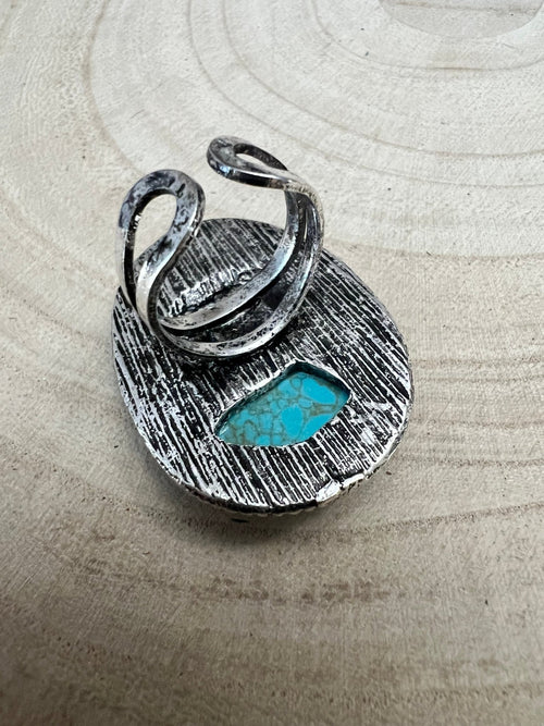 Western Buffalo and Faux Turquoise Nugget Adjustable Ring - Cowhide and Conchos