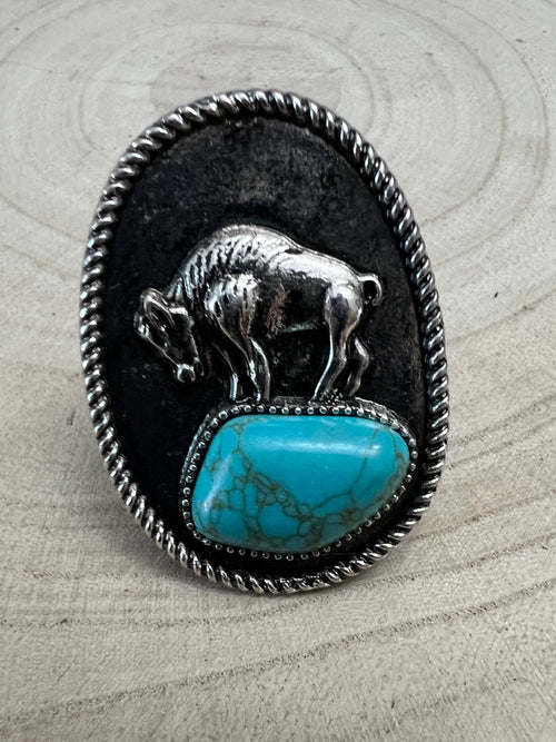 Western Buffalo and Faux Turquoise Nugget Adjustable Ring - Cowhide and Conchos