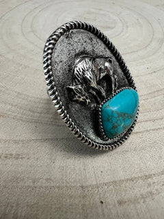 Western Buffalo and Faux Turquoise Nugget Adjustable Ring - Cowhide and Conchos