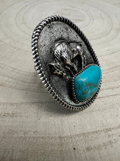 Western Buffalo and Faux Turquoise Nugget Adjustable Ring - Cowhide and Conchos