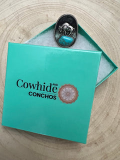 Western Buffalo and Faux Turquoise Nugget Adjustable Ring - Cowhide and Conchos