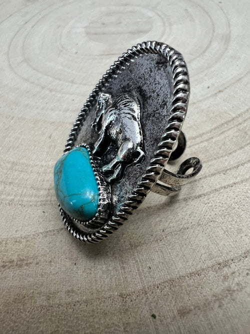 Western Buffalo and Faux Turquoise Nugget Adjustable Ring - Cowhide and Conchos