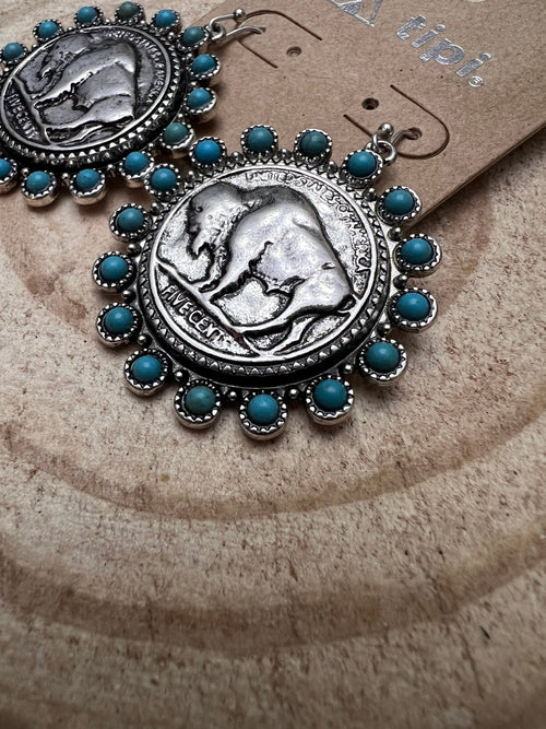 Western Buffalo Coin and Faux Turquoise Dangle Earrings - Cowhide and Conchos
