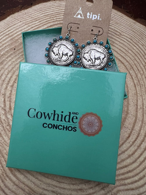Western Buffalo Coin and Faux Turquoise Dangle Earrings - Cowhide and Conchos