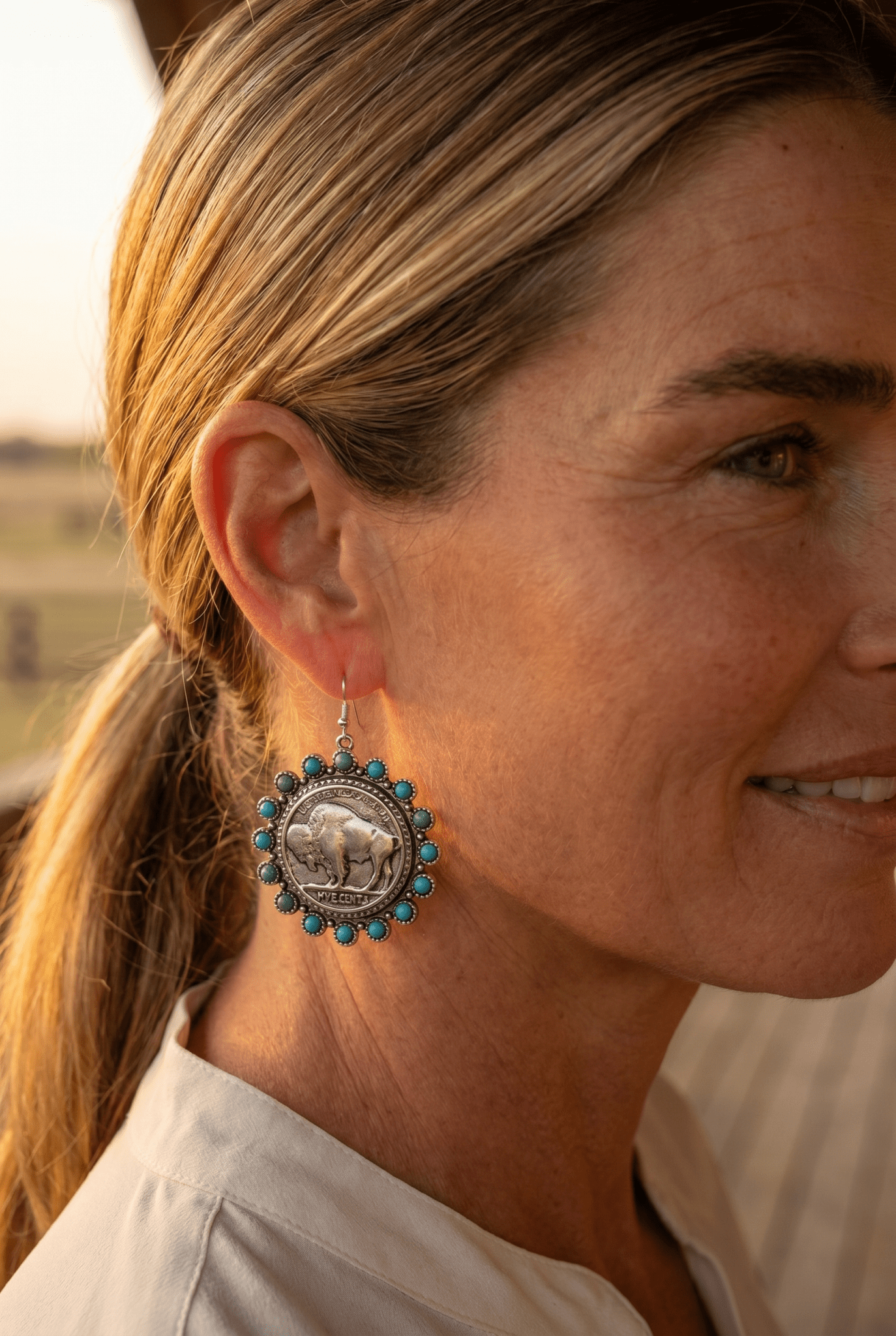 Western Buffalo Coin Dangle Earrings with Faux Turquoise — Statement Drop - Cowhide and Conchos
