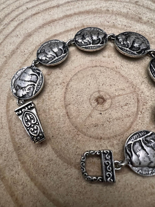 Western Buffalo Coin Magnetic Bracelet - Cowhide and Conchos