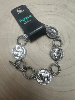 Western Buffalo Coin Toggle Bracelet - Cowhide and Conchos