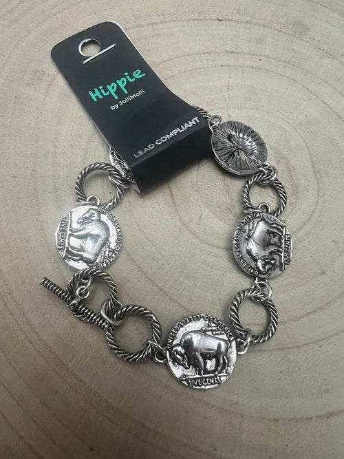 Western Buffalo Coin Toggle Bracelet - Cowhide and Conchos